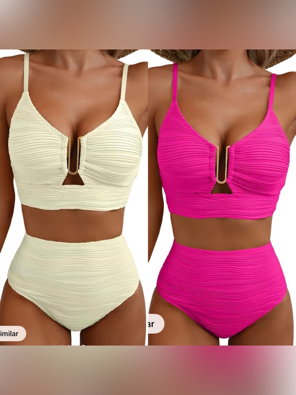 2 sets Women’s Textured High-Waist Bikini Top and Bottom - Ivory & Hot Pink